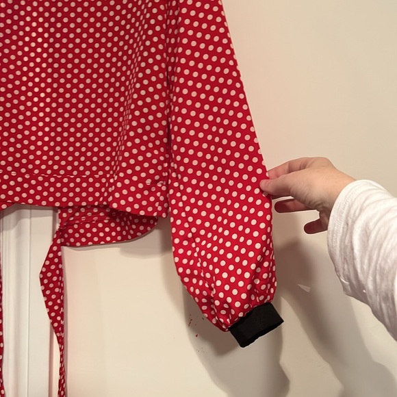F&M collection red polka dot top with black trim and open slit back with tie - Picture 3 of 8